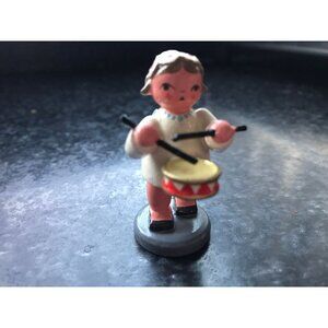 Vintage Christmas Wooden Music Angel Playing The Drum Erzgebirge Made In Germany